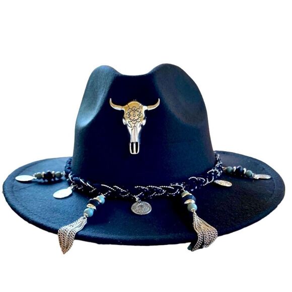 Black Siver Cow Skull Metal Tassels Western Cowboy Hat NEW - Picture 1 of 4